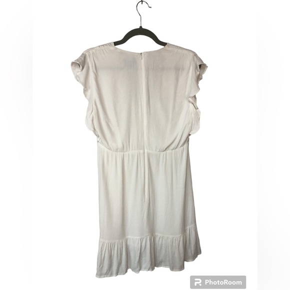 Bardot Women’s Dress Faux Wrap Lined Ruffled Hem & Sleeve Deep V Neck Soft White - Picture 2 of 10